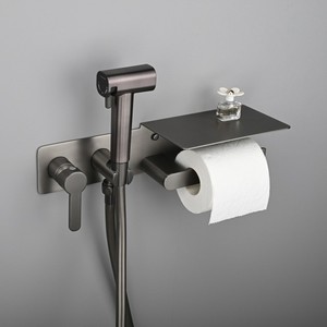 Pistola de Pulverización <span class=keywords><strong>para</strong></span> Inodoro Montada en la Pared Color Gris Metálico con Portarrollos de Papel, Bidé <span class=keywords><strong>para</strong></span> Baño de Apartamento, Limpiador de Bidé, Shattaf - Product Image 1