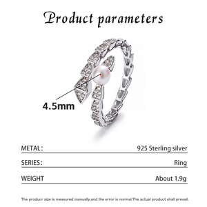 Copper <b>Snake</b> Shape CZ Pave Freshwater Pearl <b>Ring</b> Serpent Open Adjustable Luxury Pearl Jewelry for Women Party Gift - Product Image 6