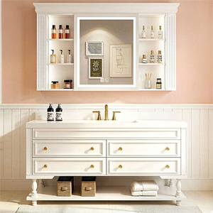 Meuble-lavabo élégant français à vasque unique 36-92 pouces personnalisable, avec comptoir et vasque en pierre intégrés, meuble-lavabo autoportant - Product Image 1