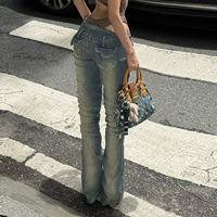 Jean Skinny Taille Basse Y2K Bleu Délavé Respirant Écologique Coupe-Vent Vintage Patchwork Effet Usé en Denim Tissé pour Femme Automne