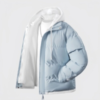 Blouson matelassé à capuche color block pour homme, bleu clair et blanc, manteau d'hiver chaud avec détails rayés sur les manches