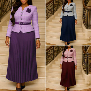 C8646 Trendy Ladies Suits Office Wear Elegant Slim Plaid V-neck <strong>Coat</strong> + Maxi Pleated <strong>Skirt</strong> Set Two Piece Women Business Suit Sets - Product Image 2