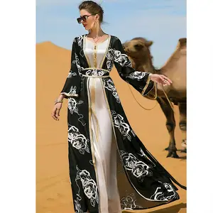 2023 중동 복잡한 자수 꽃 세트 여성 에스닉 매력 겸손한 드레스 Abaya 두바이 몬순 바주 무슬림