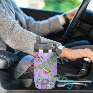 Vaso de paja con tapa de diseño navideño de dibujos animados morados con asa, tazas de doble pared de viaje de acero inoxidable para coche - Product Image 2