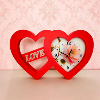 Décoration de table de mariage en vinyle rouge double cœur avec horloge pour mariage et fête