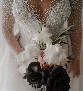 FA191 Luxury Full <strong>Pearl</strong> Beaded Mermaid Wedding <strong>Dresses</strong> <strong>With</strong> Detachable Train Vintage Long Sleeves Saudi Arabic Plus Size Bridal - Product Image 2