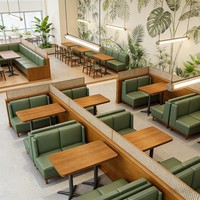 Ensemble de mobilier de restaurant en bois sur mesure, vente en gros, pour café commercial, sièges en cuir vert