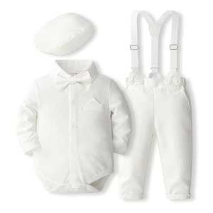 Ensemble de tenue formelle pour bébé garçon, body en pur coton <span class=keywords><strong>blanc</strong></span>, bretelles bleu marine, nœud papillon et béret pour baptême, tenue de fête, nouveau-né à 24 mois - Product Image 5