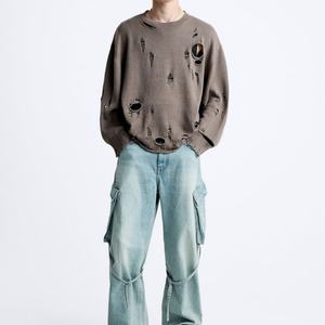 เสื้อสเวตเตอร์ไหมพรมเทอร์รี่ผ้าฝ้าย 100% สกรีนโลโก้ตามสั่ง ขายส่ง ทรงโอเวอร์ไซส์ แต่งลายขาดๆ สำหรับผู้ชาย ฤดูใบไม้ร่วง - Product Image 2