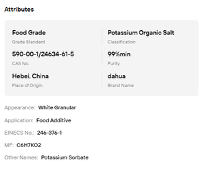 Sorbate de potassium en poudre granulaire, fourni par l'usine |   Conservateur hydrosoluble de qualité alimentaire à 99% de pureté CAS 24634-61-5 - Product Image 6