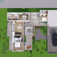 Maison préfabriquée moderne à un étage surélevée avec 3 chambres, 3 salles de bain, terrasse extérieure centrale et garage séparé