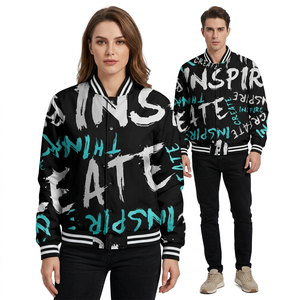 เสื้อแจ็คเก็ตบอมเบอร์สีดำแบบยูนิเซ็กซ์ พิมพ์ลายตัวอักษรวาดด้วยมือสีขาวและสีเขียวอมฟ้า ปกเสื้อพับได้ ทรงปกติ สไตล์ลำลอง - Product Image 1