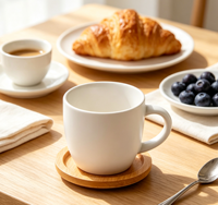 Lot de 6 tasses et mugs à expresso en céramique noire mate style nordique avec soucoupes en bois, logo personnalisé, empilables, compatibles micro-ondes, idéal pour cadeau