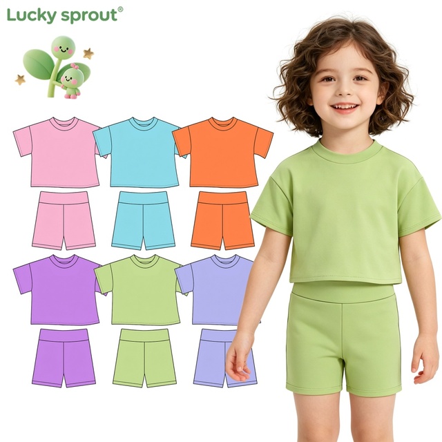 Solid Color Kids 2PCS Outfit Short Sleeve T-shirt & High Waist Biker Shorts Toddler Casual Summer Set