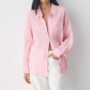 Camisa Casual de Lino con Rayas Verticales Rosa y Beige, Manga Larga, Bolsillo en el Pecho, Corte Holgado, con Botones - Product Image 3