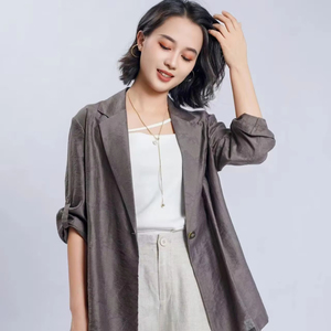 Của phụ nữ giản dị thời trang áo khoác áo khoác đơn nút dài tay áo với notched cổ áo rắn màu đen dệt mô hình - Product Image 1