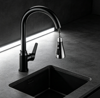 Robinet de cuisine HONGDEC noir mat extractible, mitigeur eau chaude et froide à poignée unique, 3 modes de pulvérisation, robinet d'évier rotatif pour cuisine