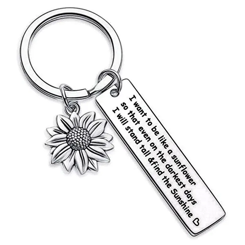 Wholesale Engraved Motivational Friendship Letters True Friends Time Sun Flower Pendant Stainless Steel Keychain
