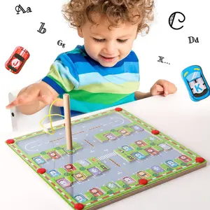 Mainan klasik bayi, papan puzzle aktivitas magnetik kayu untuk anak perempuan dan laki-laki
