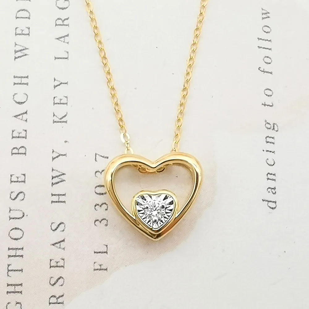 Classic Design 18K Real Solid Gold Diamond Heart Shape Pendant Necklace Jewelry