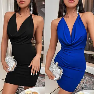 Yeni varış ucuz mavi parti balo elbise bayan Halter boyun Backless elbise