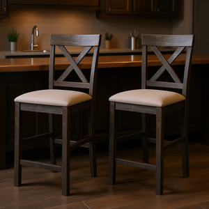 Tabourets de bar à dossier croisé gris vieilli et brun, hauteur comptoir, lot de 2, structure en bois, assise en tissu, design rustique - Product Image 2