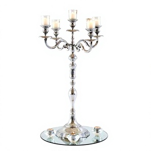 Unique Design Modern Style Tall Metal Aluminum Silver Finished 5 Arm Candelabra Glass <b>Cube</b> Deco Candle Stand Wedding & Tabletop - Product Image 1