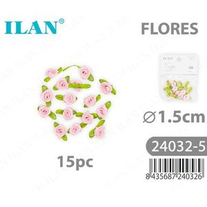 Fiori in Tessuto Ilan 1,5cm Rosa con Foglie Verdi 15pz per Decorazioni e Artigianato - Product Image 1