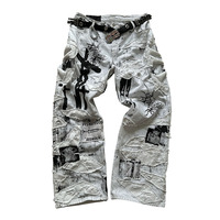 Jean large déchiré pour homme style grunge, patchwork multicouche brodé, taille mi-haute, délavé, pour hiver et automne