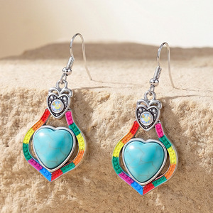 Conjunto de collar y aretes con forma de corazón, aleación plateada, estilo bohemio, joyería para mujer, conjuntos de moda para fiestas con incrustaciones de turquesa - Product Image 3