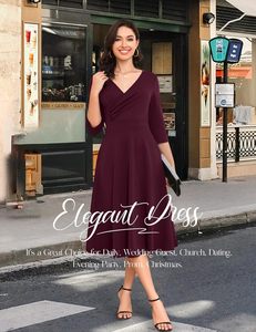 Đầm Cocktail Voan Tay 3/4 cổ chữ V cho nữ thường ngày mùa hè ĐẦM DỰ TIỆC Midi dài trà bằng cotton màu trơn vòng eo tự nhiên - Product Image 2