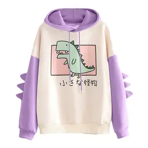 Sweatshirt Lengan Panjang Wanita, Atasan Sweatshirt Bercetak Kasual Splice Dinosaurus Modis