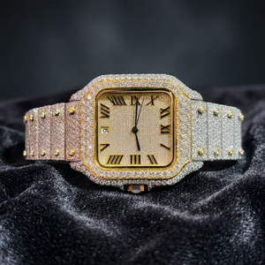Montre de luxe sertie de diamants, boîtier rectangulaire en or jaune, affichage analogique, fonction date, unisexe - Product Image 3