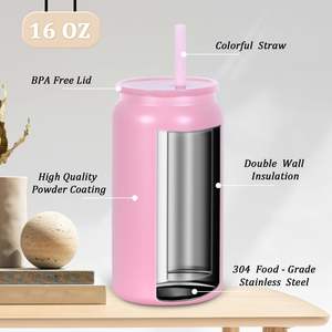 Vaso clásico de lata de refresco de 16oz, <span class=keywords><strong>taza</strong></span> de lata de cerveza Mason de sublimación de acero inoxidable con tapa de plástico y pajita - Product Image 2