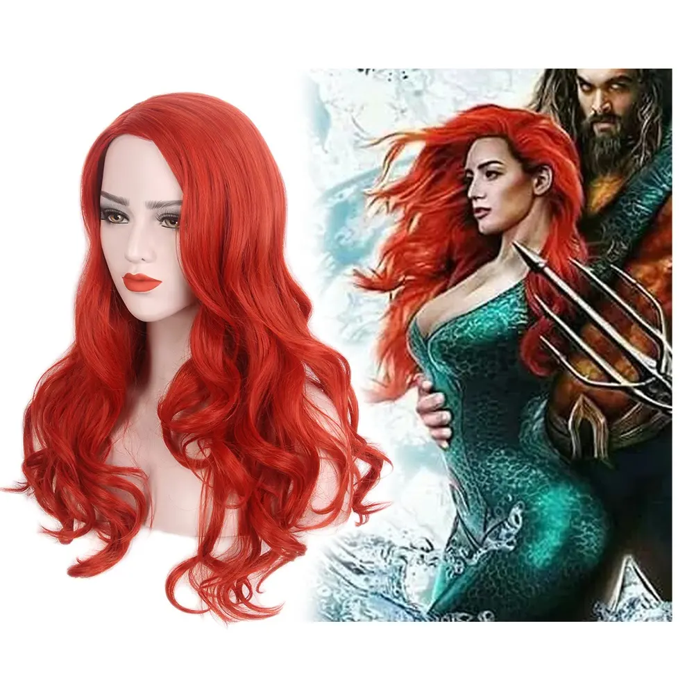 Wig Cosplay Anime ST Fantasy Aquaman, Wig Merah Gelombang Panjang 26 Inci, Wig Cosplay Anime Sintetis