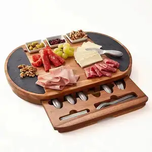 Tabla de cortar de queso de madera de acacia con herramienta Rectangular de madera al por mayor Juego de tabla de queso Cuchillo de queso de acero inoxidable Regalo