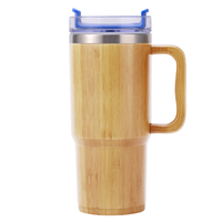 Tumbler 30oz Dengan Gagang, Cangkang Bambu dan Botol Air Vakum Stainless Steel untuk Hadiah, Termos Alami, Flask Ramah Lingkungan