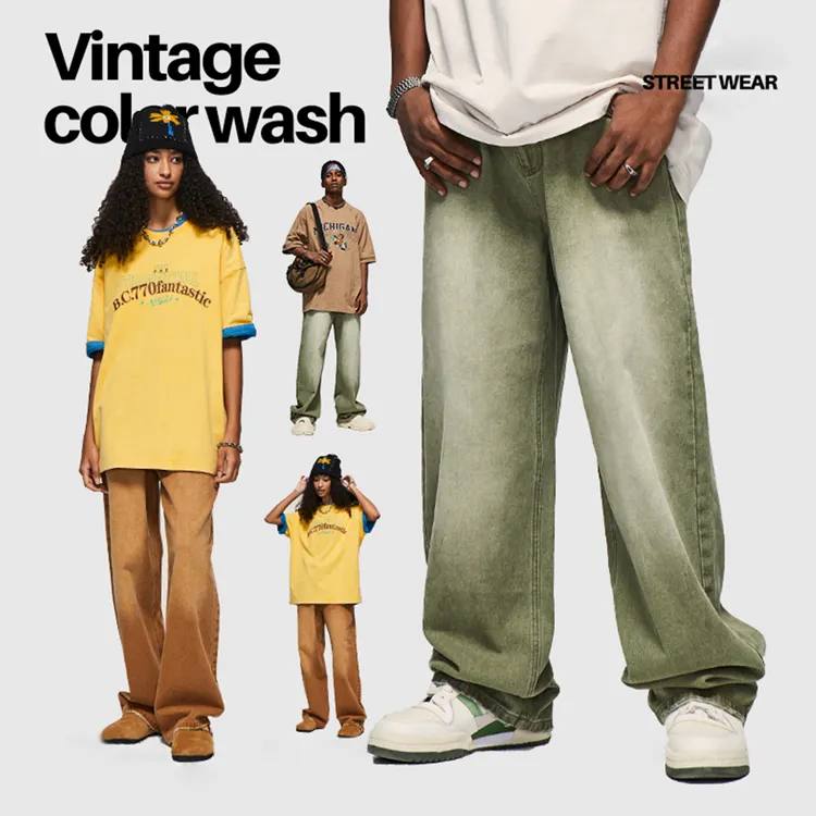 Streetwear vintage color washed jeans unisex custom embroidery printed logo loose jean pants