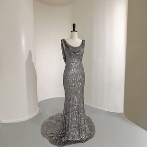 Robe de soirée sirène de luxe Nt122 à sequins, col drapé scintillant, avec traîne, pour bal de promo, fête, mariage Jancember - Product Image 4