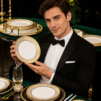 Service de table chinois-européen de luxe 60 pièces pour 8-10 personnes, bord doré et motifs en relief peints à la main, sans plomb ni chrome, qualité alimentaire, pour banquet/cadeau