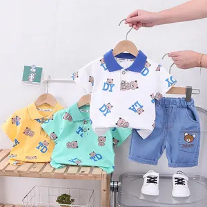 2024 Summer Kids Sports Wear Short Sleeve Cartoon Bear Polo Shirt Denim Shorts 2Pcs Children Clothes Toddler Boys Clothing
