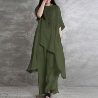 Nouvelle Collection Été – Ensemble 2 Pièces Femme Grande Taille en Coton et Lin : Chemise et Pantalon Sport Taille Haute à Cordon de Serrage