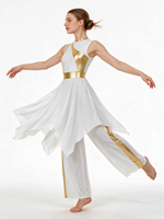 Ensemble de danse lyrique pour femmes : haut sans manches color block, jupe asymétrique en mousseline et pantalon large