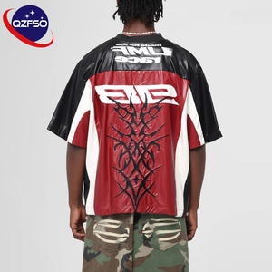 QZFSO Custom Leather Coated Shirt Multi-panel Patchwork Oversized V-neck Hardcore Streetwear Tee Men Motocross Racing Jersey - Product Image 2