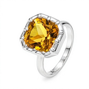 Natural <b>Citrine</b> Gemstone <b>Ring</b> 925 Sterling Silver Rhodium Plated Prong Setting Cushion Shape Yellow Classic Statement Jewelry - Product Image 1