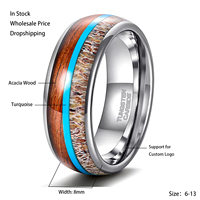 Bague de mariage personnalisée Tempusort 8 mm avec incrustation turquoise, motif géométrique en bois de koa, carbure de tungstène plaqué argent, certifiée ROHS