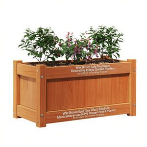 Maceta de jardín mediana de madera de pino macizo con incrustaciones decorativas para uso en exteriores, estilo rústico. - Product Image 1