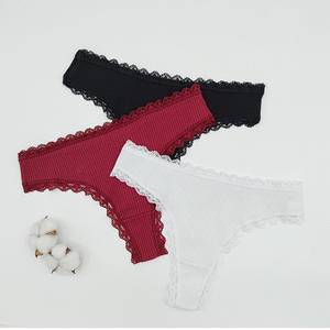 Wholesale Ribbed Lace <b>Thong</b> Underwear for Women Breathable Cotton Panties Soft <b>Sexy</b> Briefs Mid-rise Plus Size Women Underwear - Product Image 3