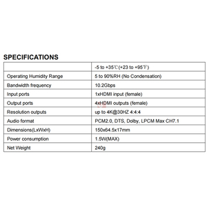 ตัวแยกสัญญาณ <span class=keywords><strong>HDMI</strong></span> 4K 1x4 1 อินพุต 4 เอาต์พุต พร้อมสวิตช์เสียง รองรับ <span class=keywords><strong>HDMI</strong></span> <span class=keywords><strong>1.4</strong></span> และ HDCP <span class=keywords><strong>1.4</strong></span> รองรับ 3D, EDID - Product Image 3