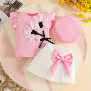 Ensemble OEM ODM d'été pour bébé <span class=keywords><strong>fille</strong></span> : haut côtelé sans manches à volants, jupe et chapeau béret avec nœud pour enfants - Product Image 2
